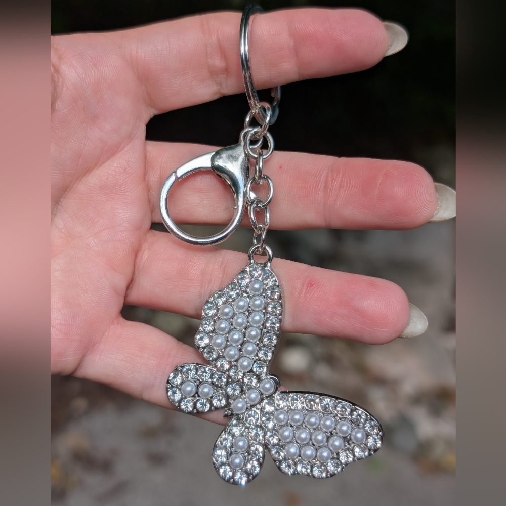 Silver "NIP" Butterfly Bagcharm/Keychain with Rhinestones & Pearls